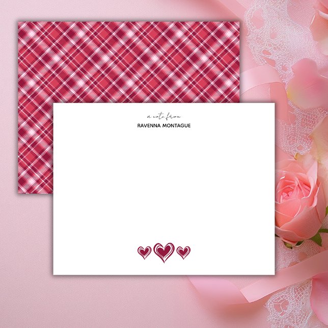 Burgundy Three Lace Hearts Retro Tartan Note Card Anteckningskort (Skapare uppladdad)