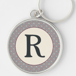 Burgundy Tile Mönster Rund Silverfärgad Nyckelring