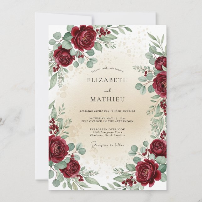 Burgundy Timeless Botanical Wedding Inbjudningar (Framsida)