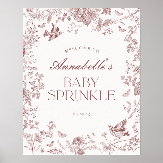 Burgundy Toile Blommigt Baby Sprinkle Välkomstskyl Poster (Framsidan)