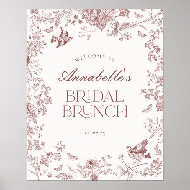 Burgundy Toile Blommigt Möhippa Brunch Välkomsttec Poster (Framsidan)