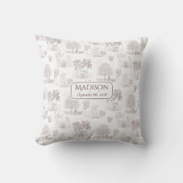 Burgundy Toile de Jouy Namn Födelsedatum Baby Kudde