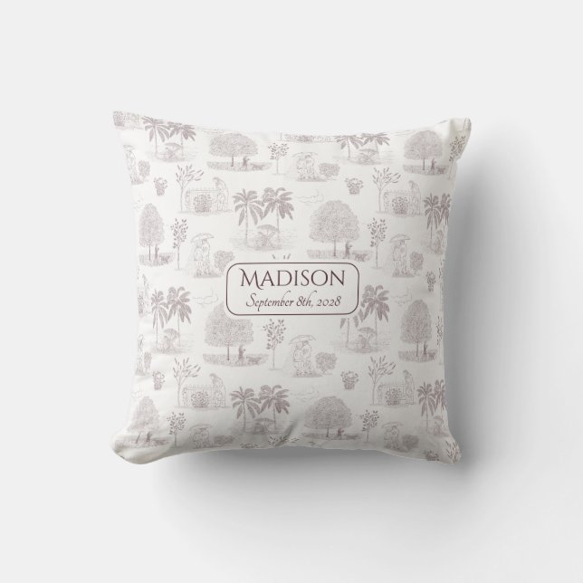 Burgundy Toile de Jouy Namn Födelsedatum Baby Kudde (Framsida)