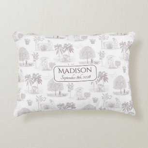 Burgundy Toile de Jouy Namn Födelsedatum Baby Prydnadskudde