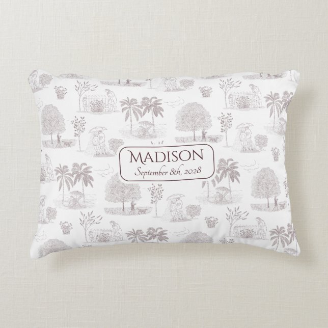 Burgundy Toile de Jouy Namn Födelsedatum Baby Prydnadskudde (Framsidan)