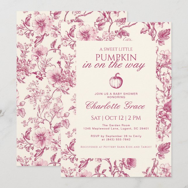 Burgundy Toile de Jouy Pumpkin Baby Shower Inbjuda Tack Kort (Fram/baksida)