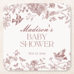 Burgundy Toile De Jouy Vintage Blommigt Baby Showe Underlägg Papper Kvadrat