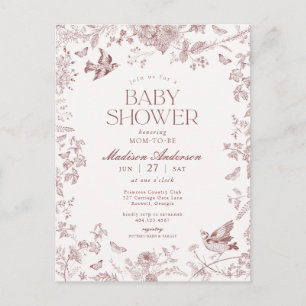 Burgundy Toile Fransk Blommigt Baby Shower Vykort