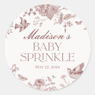Burgundy Toile Jouy Vintage Blommigt Baby Sprinkle Runt Klistermärke