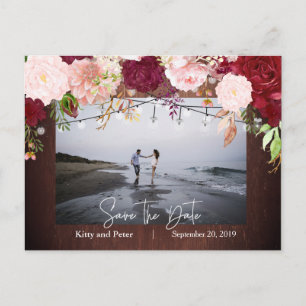 Burgundy Trä Blommig Bröllop Save The Date Meddelande Vykort