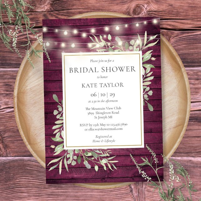 Burgundy Träd String Lights Greenery Bröllopsfest Inbjudningar (Burgundy Wood String Lights Greenery Bridal Shower Invitation)