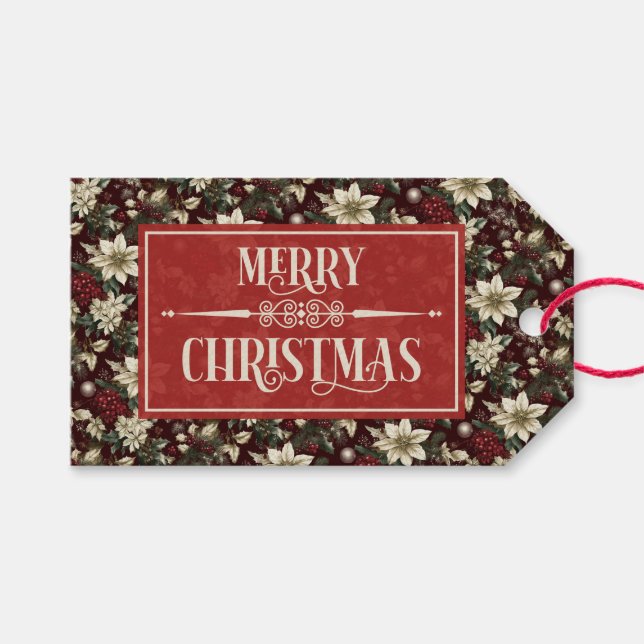 Burgundy Traditional Christmas Floral Presentetikett (Framsidan (Horisontell))