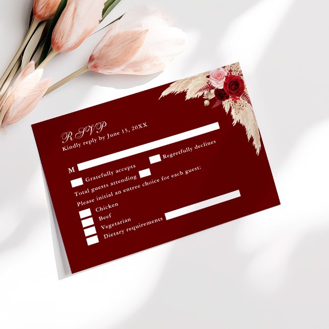 Burgundy Tropical Ro Bröllop OSA Card Tack Kort (Burgundy Tropical Roses Wedding RSVP Card on a sunny table with pale pink flowers.)