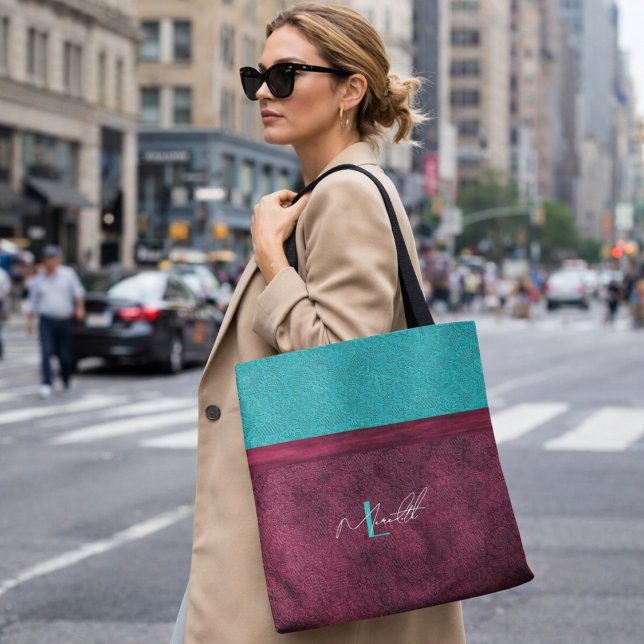Burgundy & Turquoise Spets Mode Personligheter Tygkasse (the burgundy & turquoise bag in situ. AI generated picture, not the real product.)