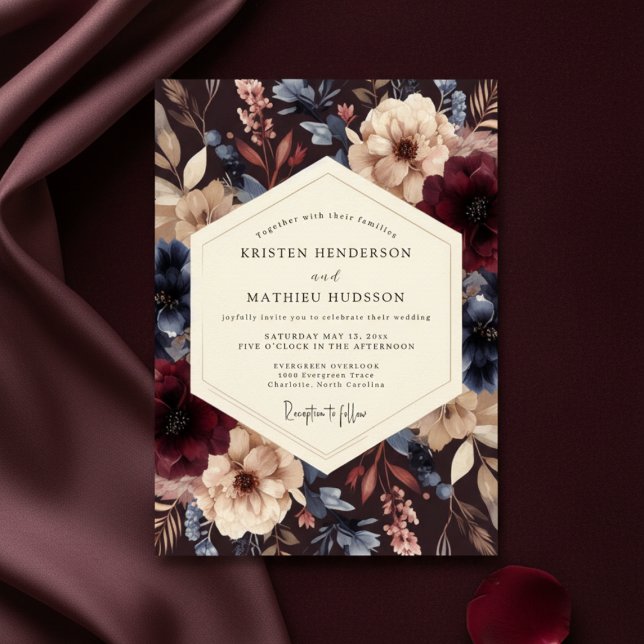 Burgundy Twilight Botanical Romance Wedding Inbjudningar (Skapare uppladdad)