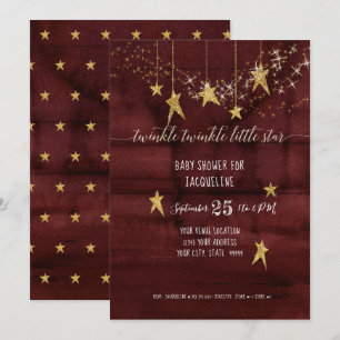 Burgundy Twinkle Little Star Guld Flicka Bebis Bad Inbjudningar