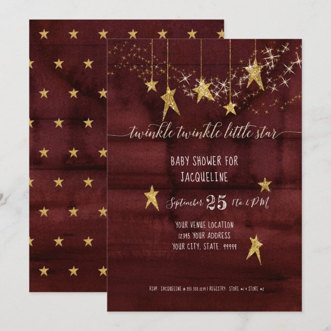 Burgundy Twinkle Little Star Guld Girl Baby Shower Inbjudningar (Fram/baksida)