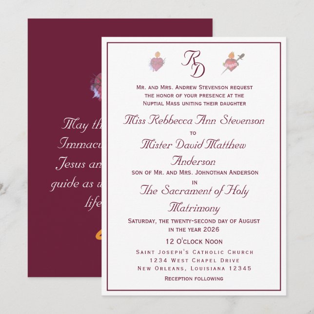 Burgundy Two Hearts Catholic Wedding  Invitation Inbjudningar (Fram/baksida)