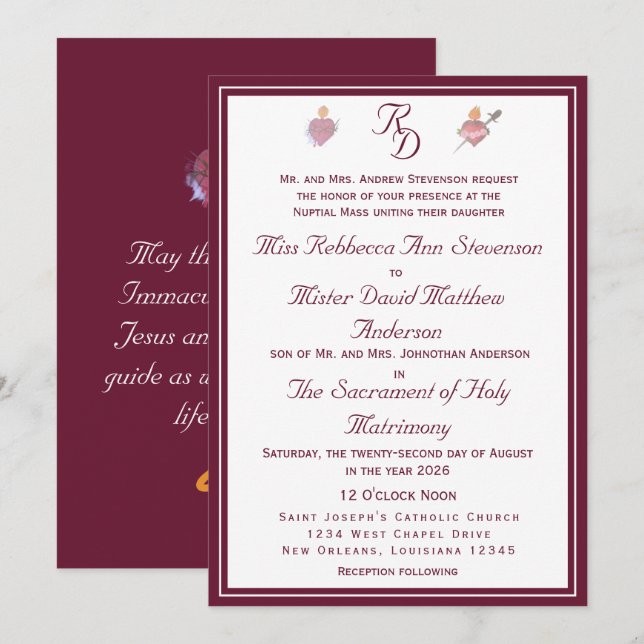 Burgundy Two Hearts Catholic Wedding  Invitation Inbjudningar (Fram/baksida)