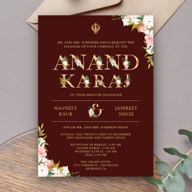 Burgundy Typography Anand Karaj Sikh Bröllop Inbjudningar (Skapare uppladdad)