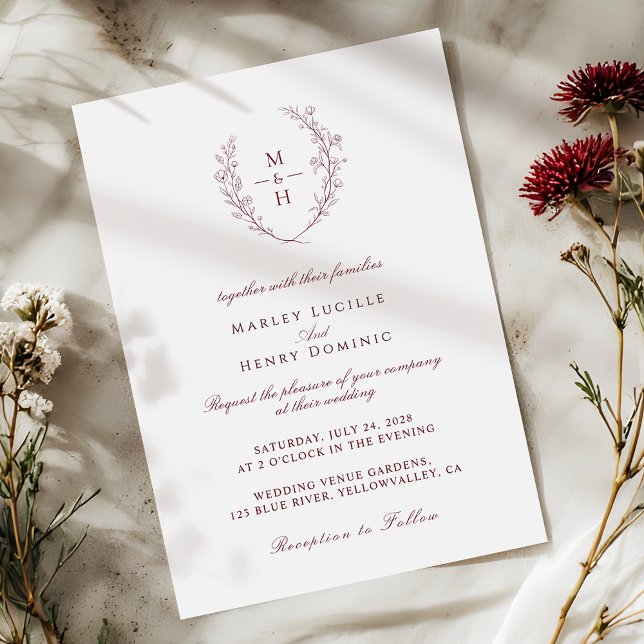 Burgundy Typography Wildflower Monogram Wedding Inbjudningar (Skapare uppladdad)