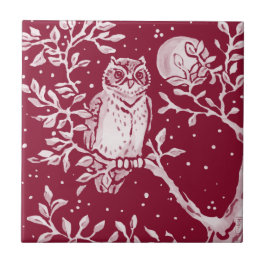 Burgundy Uggla Måne Night Woodland Forest Animal  Kakelplatta