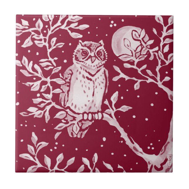 Burgundy Uggla Måne Night Woodland Forest Animal  Kakelplatta (Framsidan)