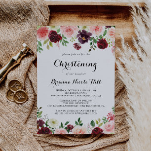 Burgundy Vår Blommigt Calligraphy Christening Inbjudningar