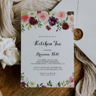 Burgundy Vår Blommigt Kitchen Tea Möhippa Inbjudningar