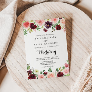 Burgundy Vår Blommigt Modern calligrafi Bröllop Inbjudningar