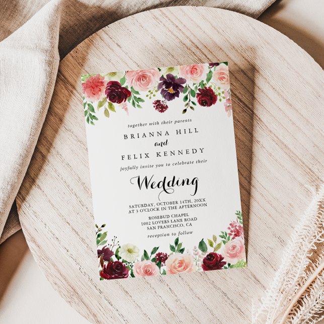 Burgundy Vår Blommigt Modern calligrafi Bröllop Inbjudningar (Skapare uppladdad)