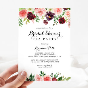 Burgundy Vår Blommigt Möhippa Tea Party Inbjudningar