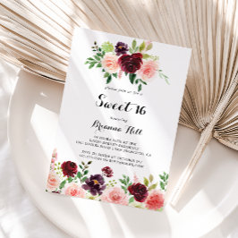Burgundy Vår Blommigt Sweet 16 Födelsedagsfest Inbjudningar