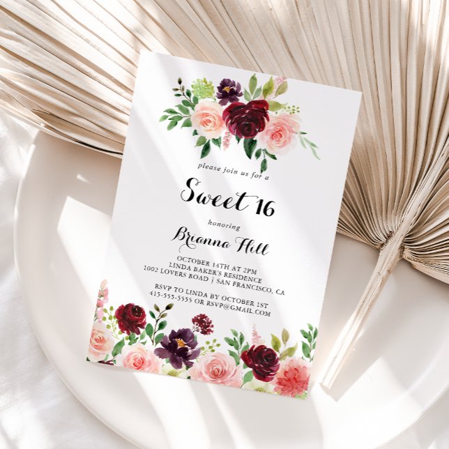 Burgundy Vår Blommigt Sweet 16 Födelsedagsfest Inbjudningar (Skapare uppladdad)