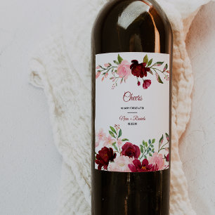 Burgundy Vår Elegant Blommigt  Bröllop Vin Vinflaska Etikett