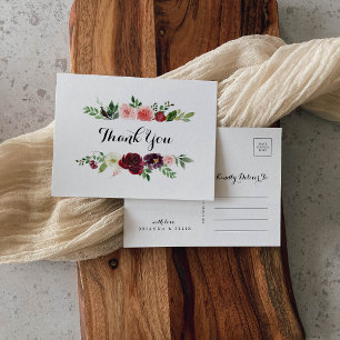 Burgundy Vår Rosa Blommigt Calligraphy Tack Vykort