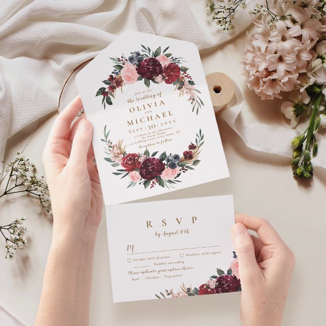 Burgundy vattencolor blommigt rustic boho bröllop  (Burgundy watercolor floral rustic boho wedding al all in one invitation)