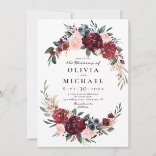 Burgundy vattencolor blommigt rustic boho bröllop inbjudningar