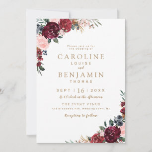 Burgundy vattencolor blommigt rustic boho bröllop inbjudningar
