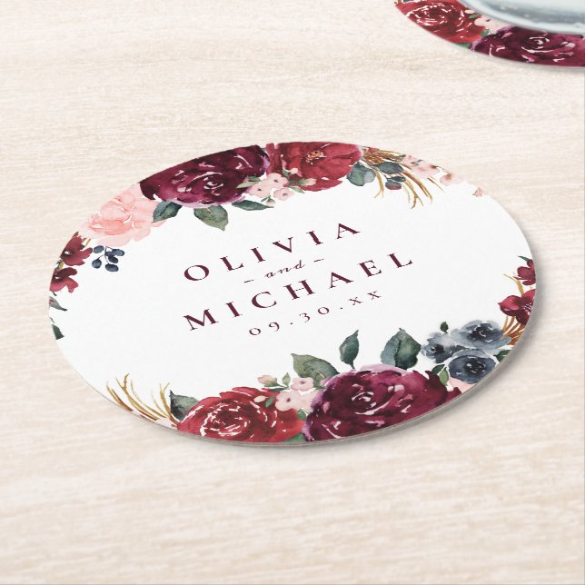Burgundy vattencolor blommigt rustic boho bröllop underlägg papper rund (Vinklad)