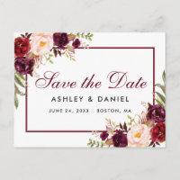 Burgundy Vattenfärg Blommig Save the Date
