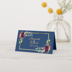 Burgundy vattenfärgade blommigtar boho blue bröllo placeringskort