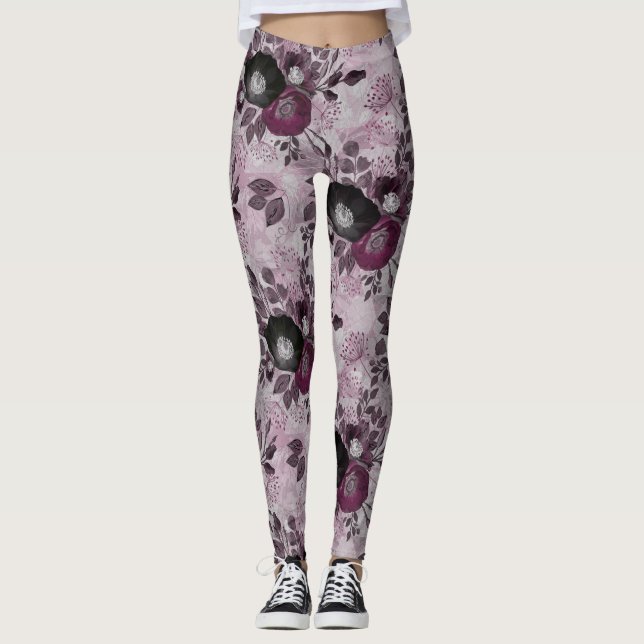 Burgundy vattenfärgblommor. leggings (Framsida)