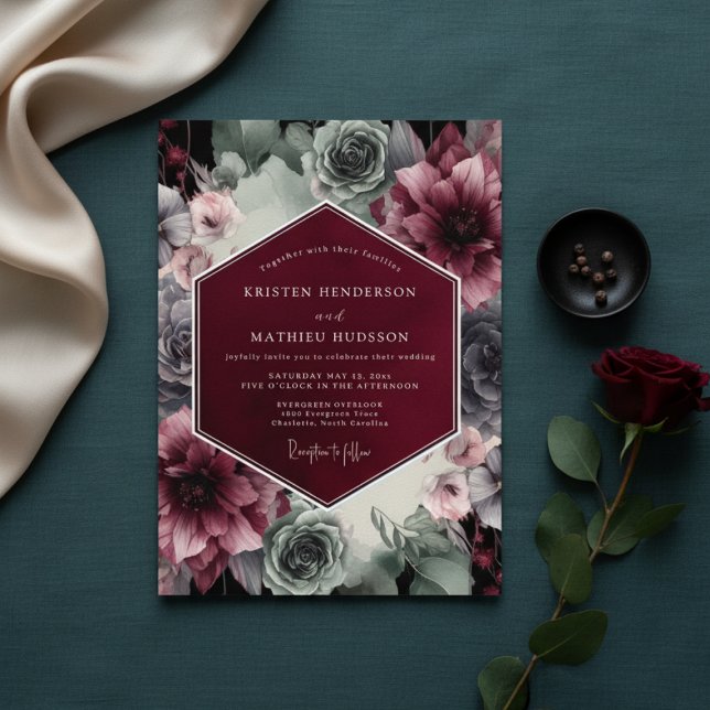 Burgundy Velvet Bloom Opulence Wedding Inbjudningar (Skapare uppladdad)