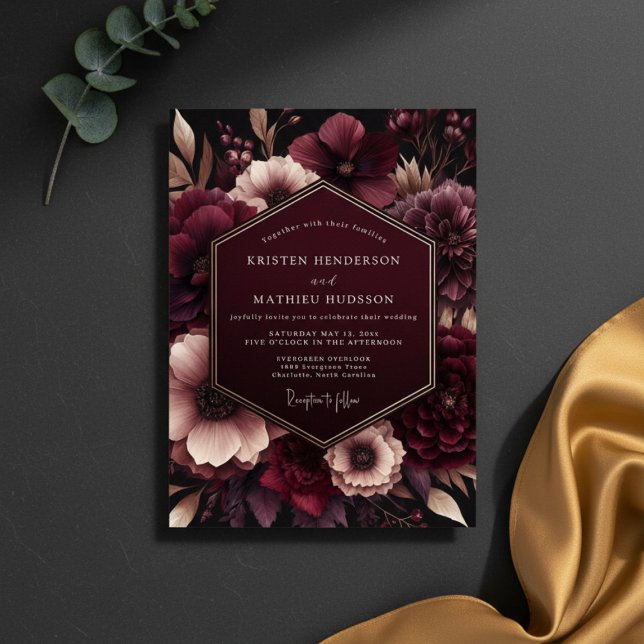 Burgundy Velvet Bloom Wedding Inbjudningar (Skapare uppladdad)