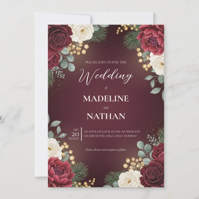Burgundy Velvet Floral Christmas Wedding Inbjudningar (Framsida)