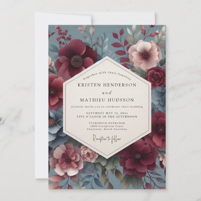 Burgundy Victorian Bloom Wedding Inbjudningar (Framsida)