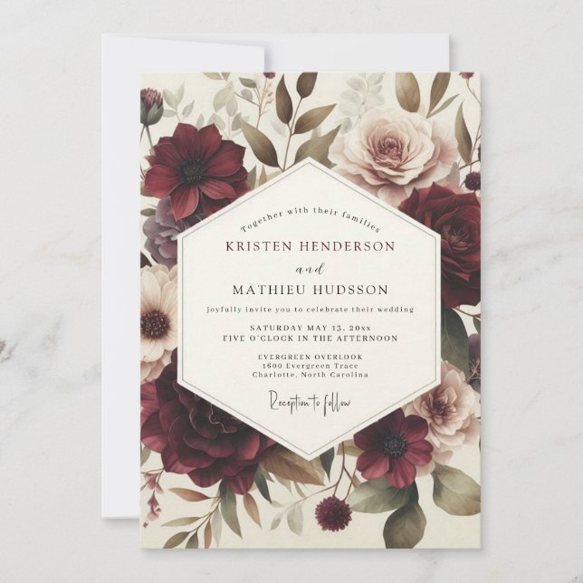Burgundy Victorian Flora Wedding Inbjudningar (Framsida)