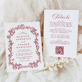 Burgundy Victorian Floral All in One Wedding Inbjudningar