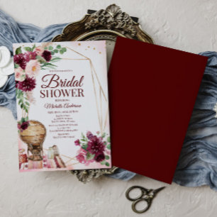 Burgundy Vin Boho Watercolor Blommigt Möhippa Inbjudningar